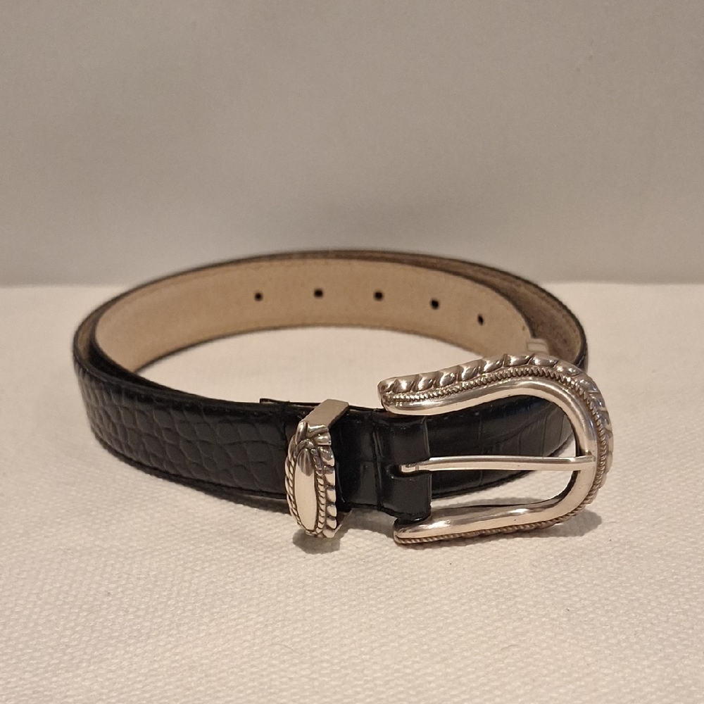 Etienne Aigner Black Leather Croc Embossed Belt Size S